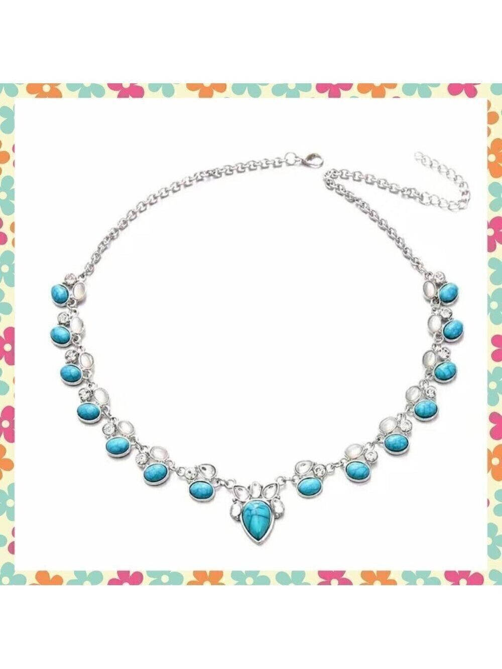 Faux Turquoise and Silver Tone Choker Necklace (#1120) - Picture 3 of 5